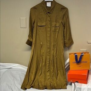 Sense of Place metallic Olive Green Long Sleeve front button down Dress